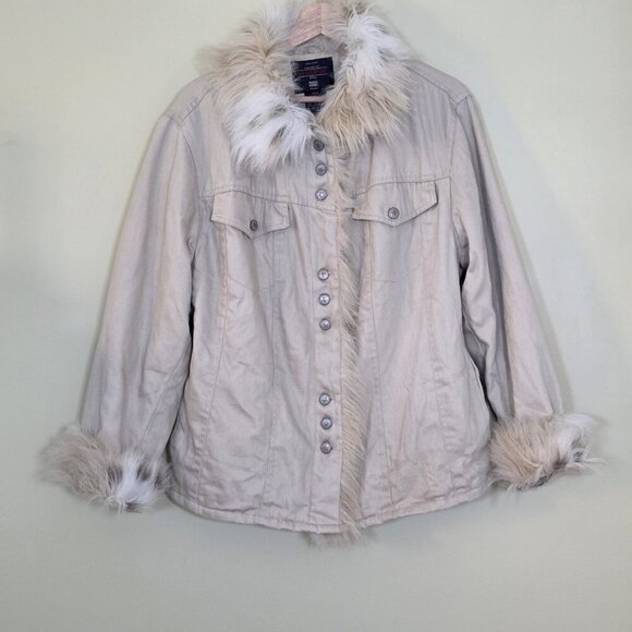 Vtg Faded Glory Trucker Jacket Women 1X Sand Faux Fur Pockets Quilted Lining Y2K - Picture 1 of 16